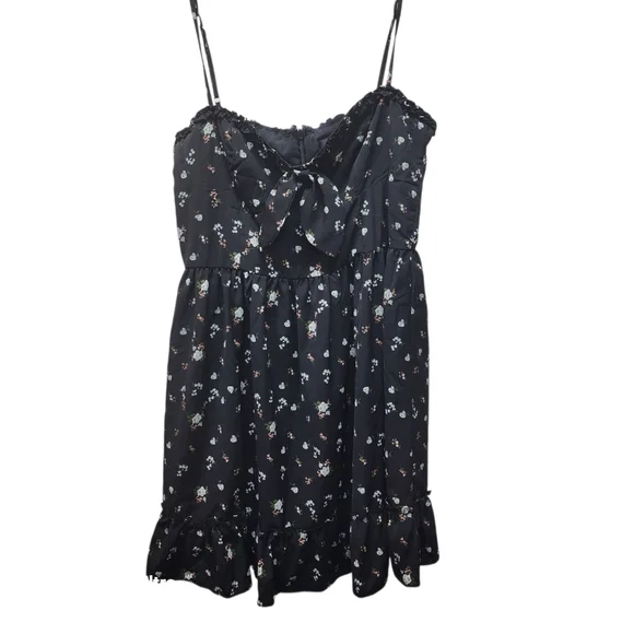 Lulus Cottagecore Black Floral Tie-Front Mini Dress – Size L Boho Romantic Cute - Picture 3 of 13